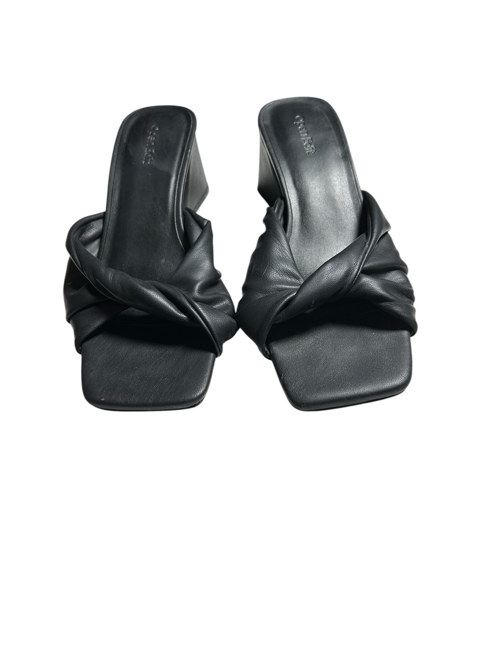 Open Edit Cora Sandal Black Leather Knot Mule Square Toe Block Heel Size 8 - Picture 3 of 5
